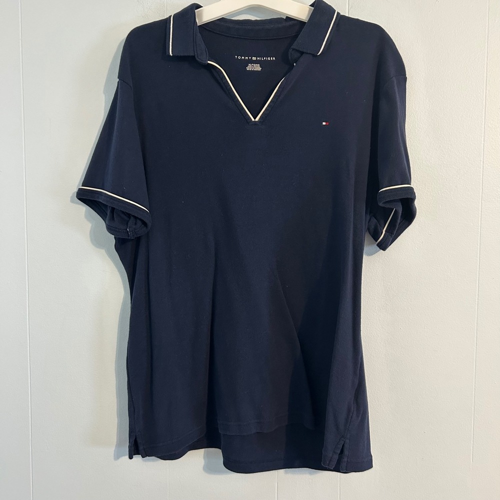 Tommy Hilfiger Womens Navy Blue V-Neck Polo Shirt Contrast Trim XL